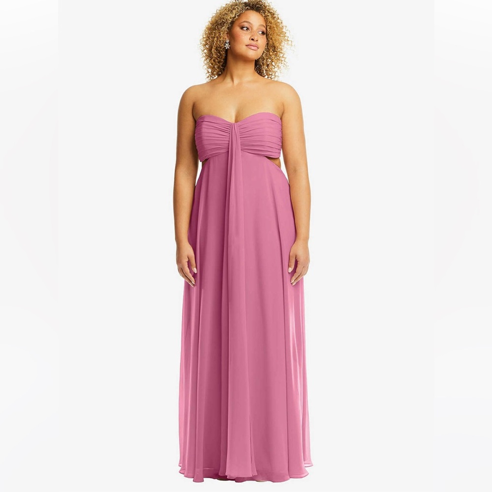 STRAPLESS EMPIRE WAIST CUTOUT MAXI DRESS WITH COVERED BUTTON DETAIL